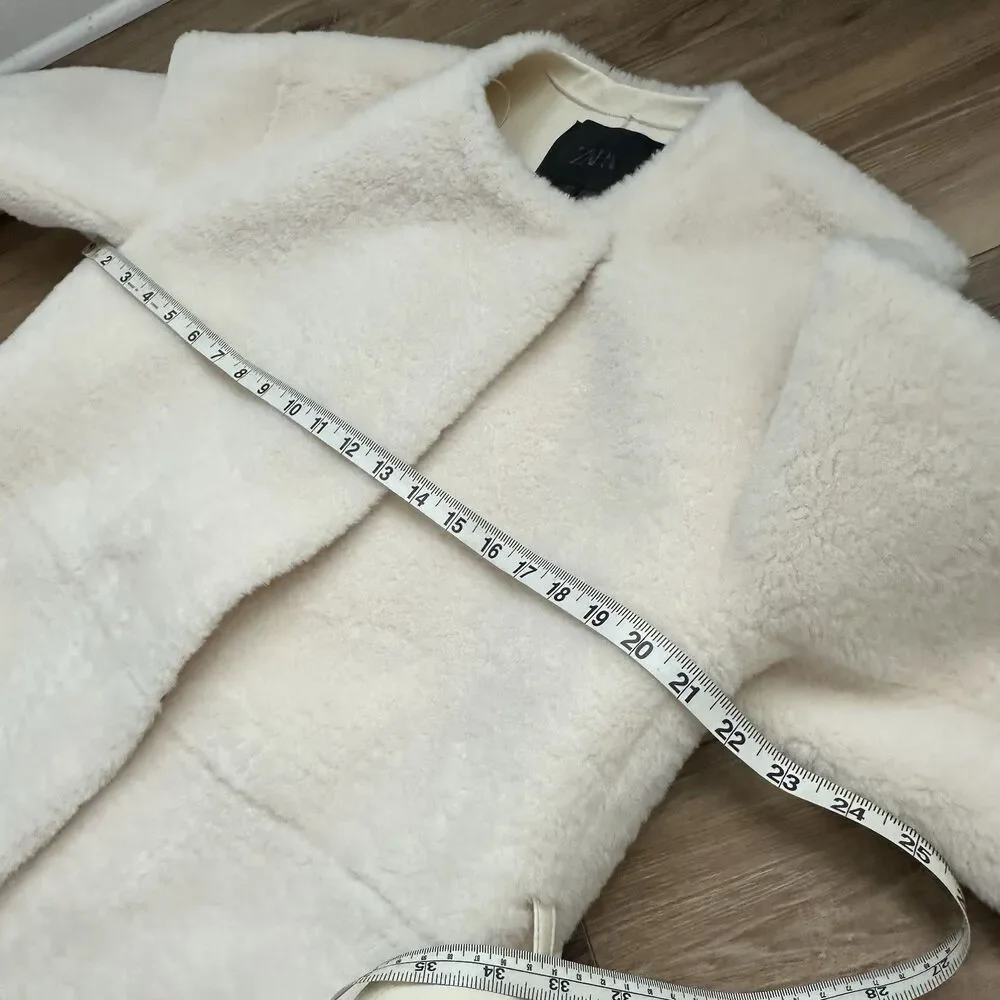 ZARA ZW Collection Faux Fur Belted Long Coat Cream Ecru Medium 4360/257 NWT